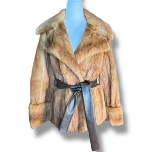 Vintage 70s Neiman Marcus Fur Coat Satin Lining Leather Belt Luxe Glam Small